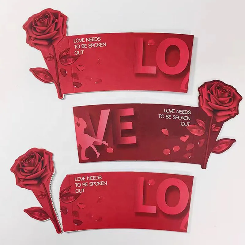 Red Rose Cup Sleeve Insert Card Milk Tea Cup Custom Logo Disposable Waterproof Paper Sleeves
