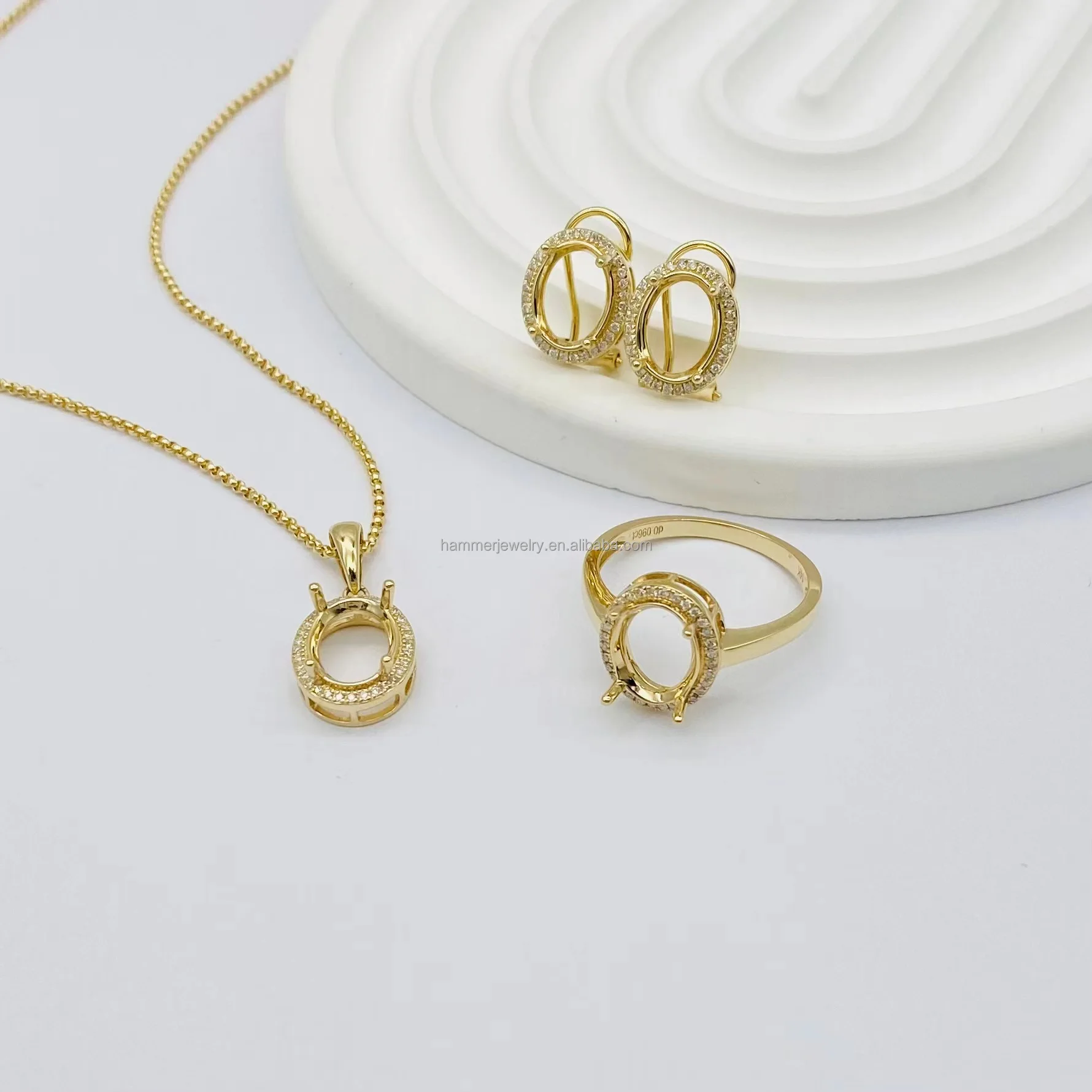 Professional Custom 14k Solid Gold Inlay Diamond Stud Oval Stone Earrings Semi Mounting Settings For Jewelry Making