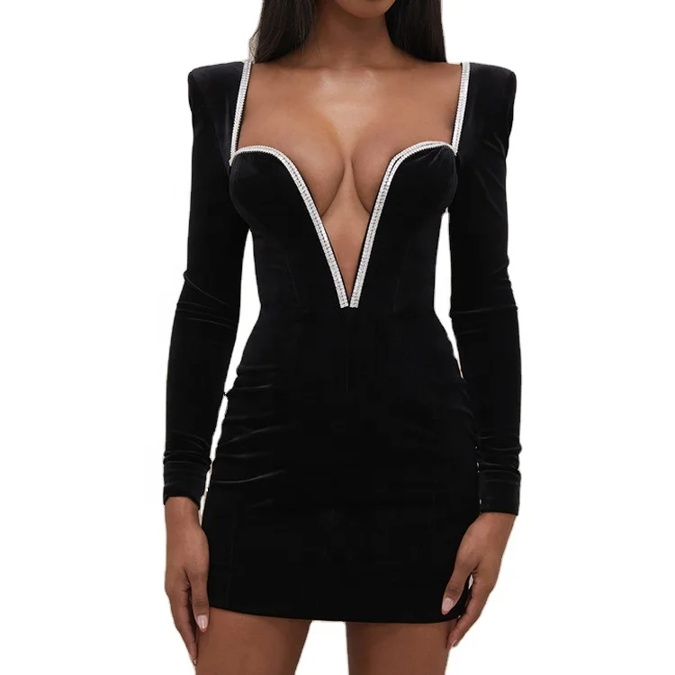 Custom Fashion Black Velvet Shiny Crystal Detail Sexy Deep V Neck Women Party Mini Dress