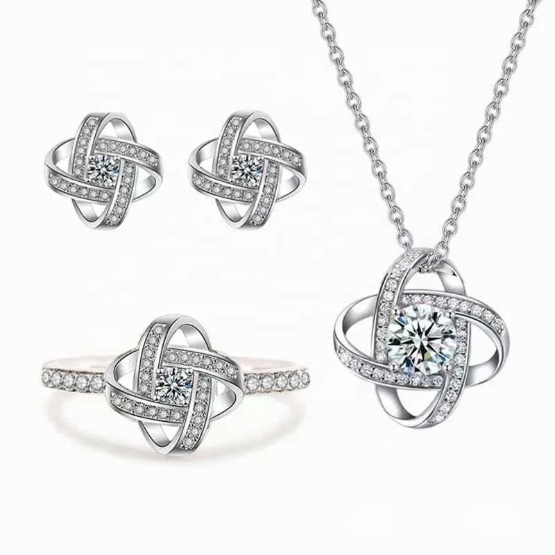 Cubic Zirconia Necklace Earrings Ring Set White Gold Plated CZ Diamond Bridal Wedding Jewelry Set