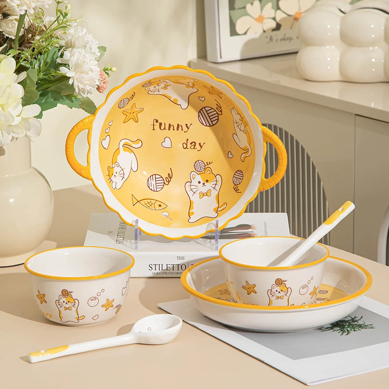 Wholesale high quality home goods custom cute cartoon cat porcelain dinnerware 4 piece plates and bowls porcelain dinner set
