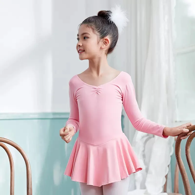 Custom One Piece Cotton Performance Dance Clothing Girls Ballet Tutu Skirt Dress Long Sleeve Children Training Dancewear