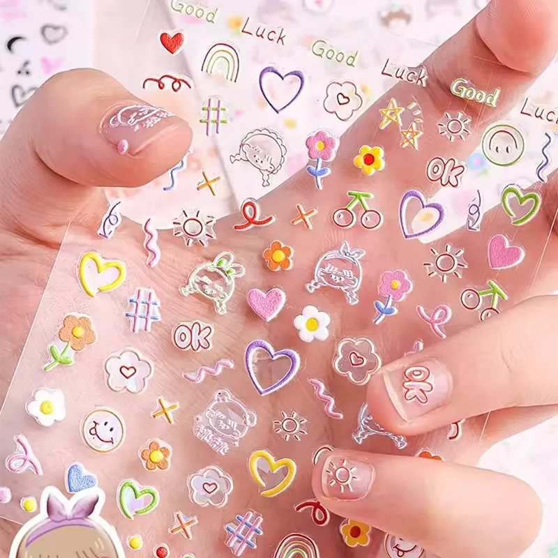 Self Adhesive Cartoon Nail Decals Decoration Sticker Flower Heart Star 3D Colorful Nail Stickers Embossed Nail Stickers