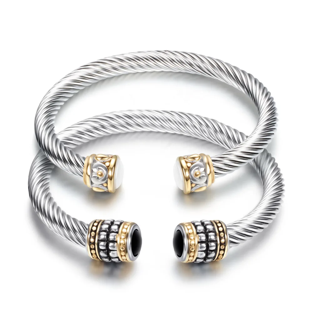 2024 Women Men Stainless Steel Jewelry Twisted Semi-precious Stone Cable Wire Wrapped Retro Cuff Bangle Bracelet