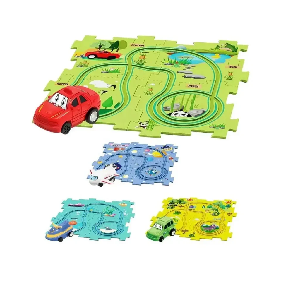 DIY assembly jigsaw sliding track toy mini rail car railroad builder building set kids puzzle track game with electric vehicles