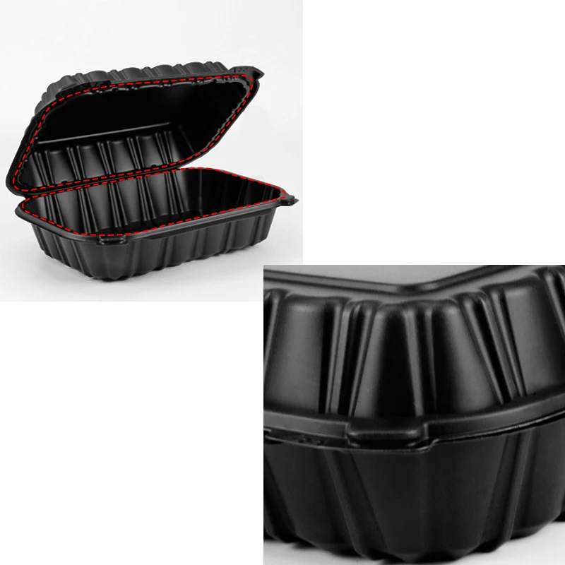 wholesale to go 9 x 6 x 3 inch MFPP eco-friendly hinged lid microwave food container black color plastic lunch box