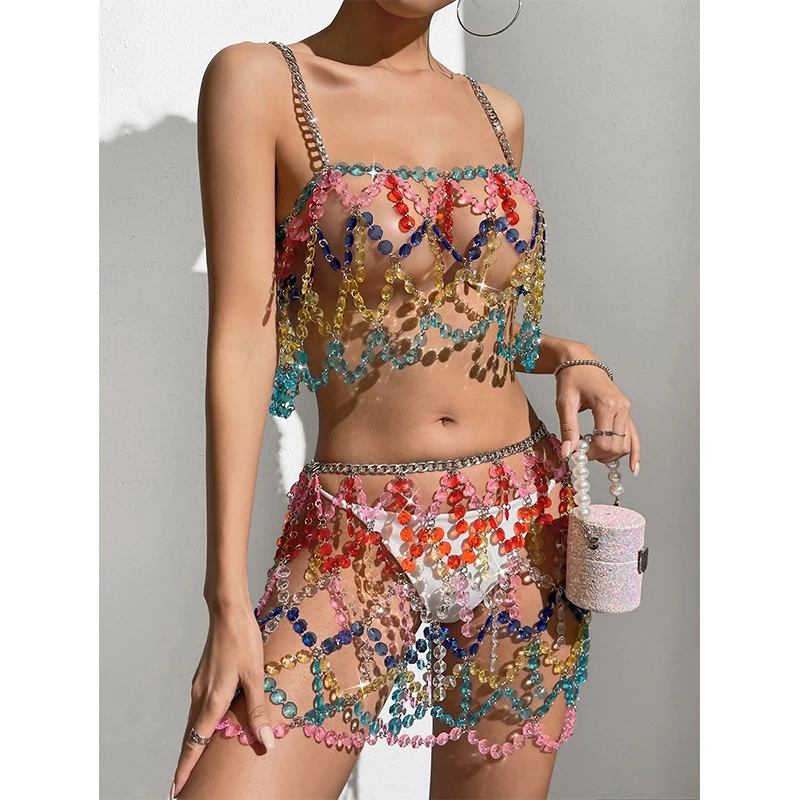 2023 Women Gemstone Chainmail Beach Skirt Metal Chain Body Chain Jewelry Rainbow Crystal Beaded Top