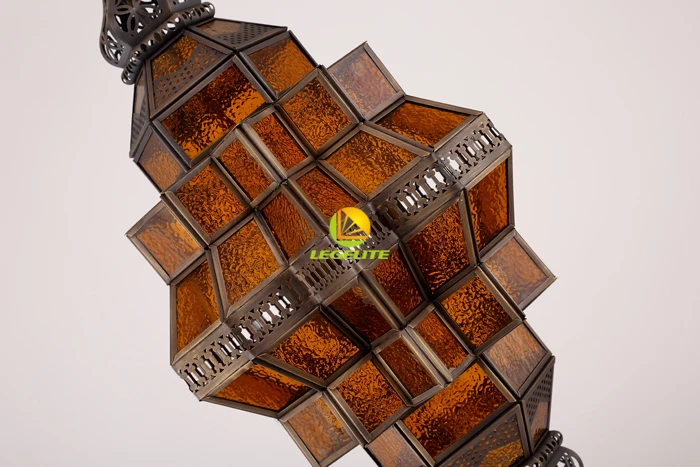 Antique Retro Geometric Amber Textured Ceiling Tiffany Mosaic Glass Brass Moroccan Pendant Lamp Modern Chandelier Pendant Light