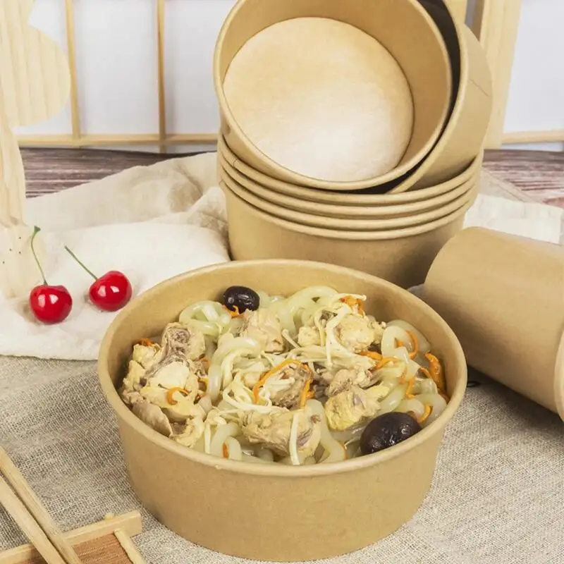 Wholesale Disposable square Round Paper Cup Heatable Kraft Waterproof Custom Print logo Paper Salad Poke Bowl with PE Lid