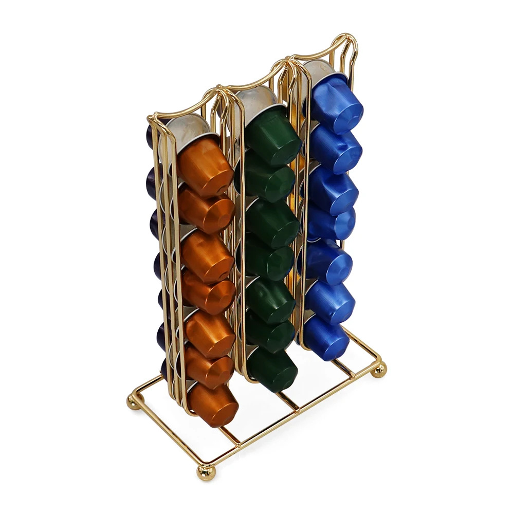 Home Organizer Desktop Gold Metal Wire Coffee Pod Capsules Storage Holder with 42 Capsules