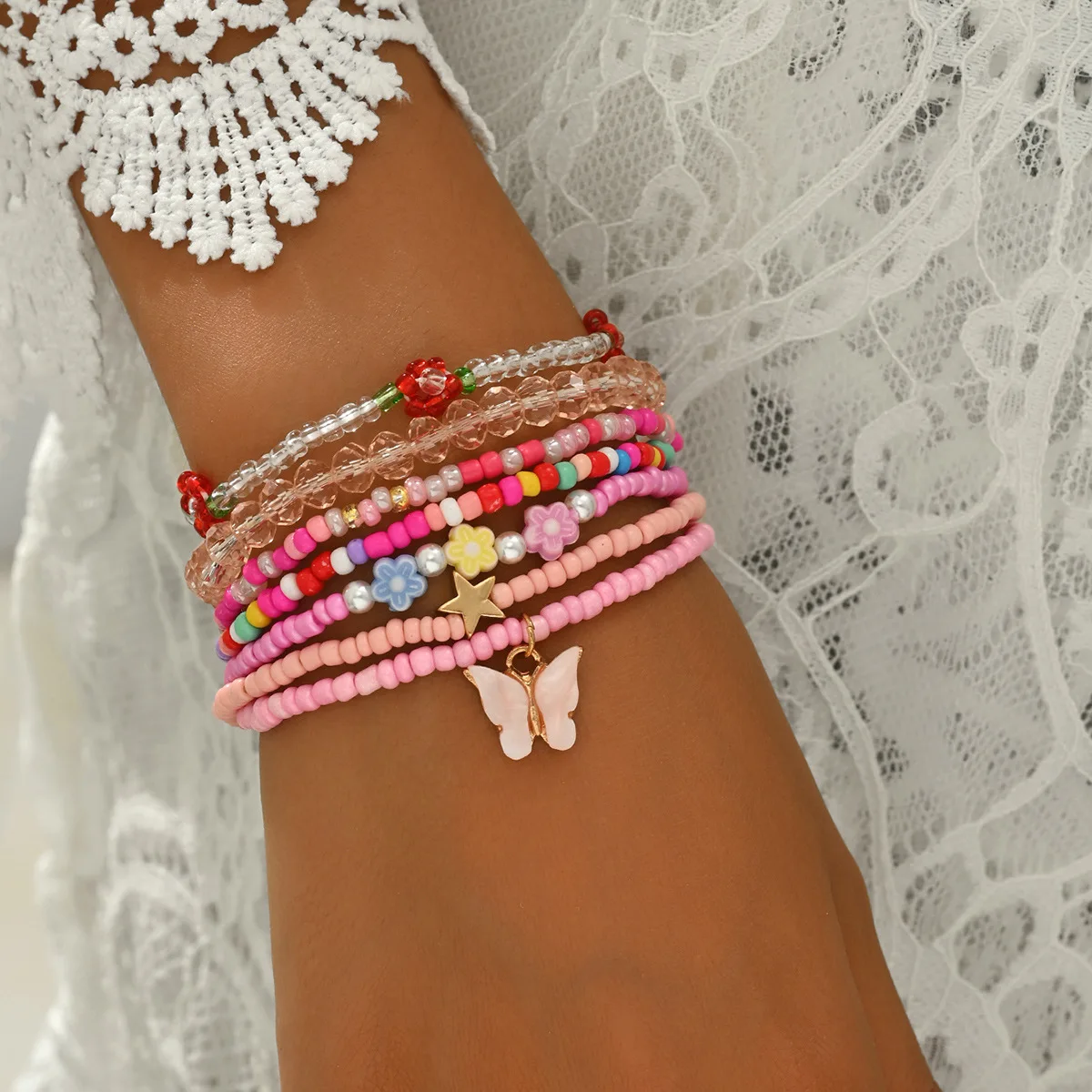 Simple Sweet Pink Beaded Bracelet Small Flower Stars Butterfly Colorful Rice Beads Hand Jewelry