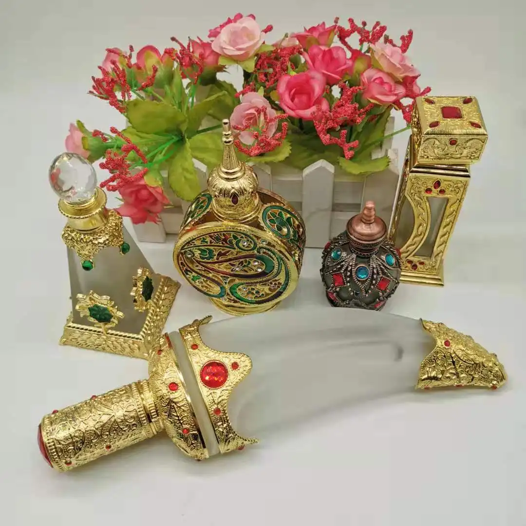 Wholesale 10ml Unique Arabic Style Metal Essential Oil Attar Perfume Glass Bottles with Glass Stick