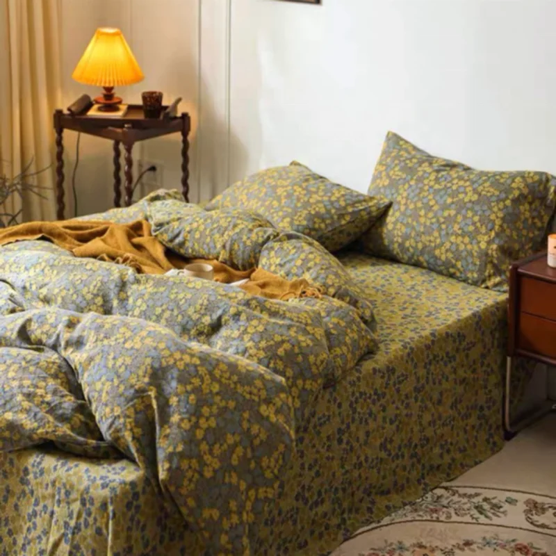 small flowers cotton double yarn four-piece suite A class mother and baby grade color jacquard 100 cotton gauze suite