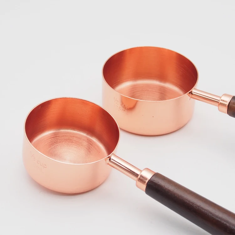 
Hot Selling 4pcs copper Stainless Steel Rose gold Measuring Cups set With Wooden Handle 