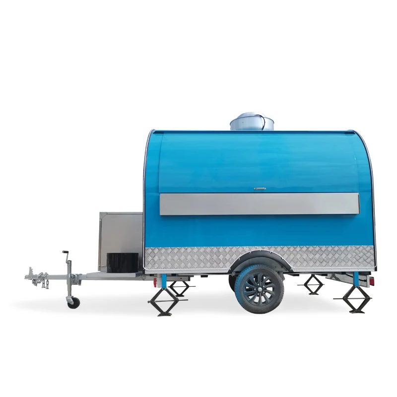 Blue round food trailer, closed Canadian standard mobile food caravan catering trailer