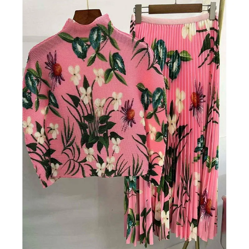 Customizable Pattern High-Quality Women Skirt Set Pleated Printed Long-Sleeve Elastic Top and Printed Midi Skirt 2-Piece
