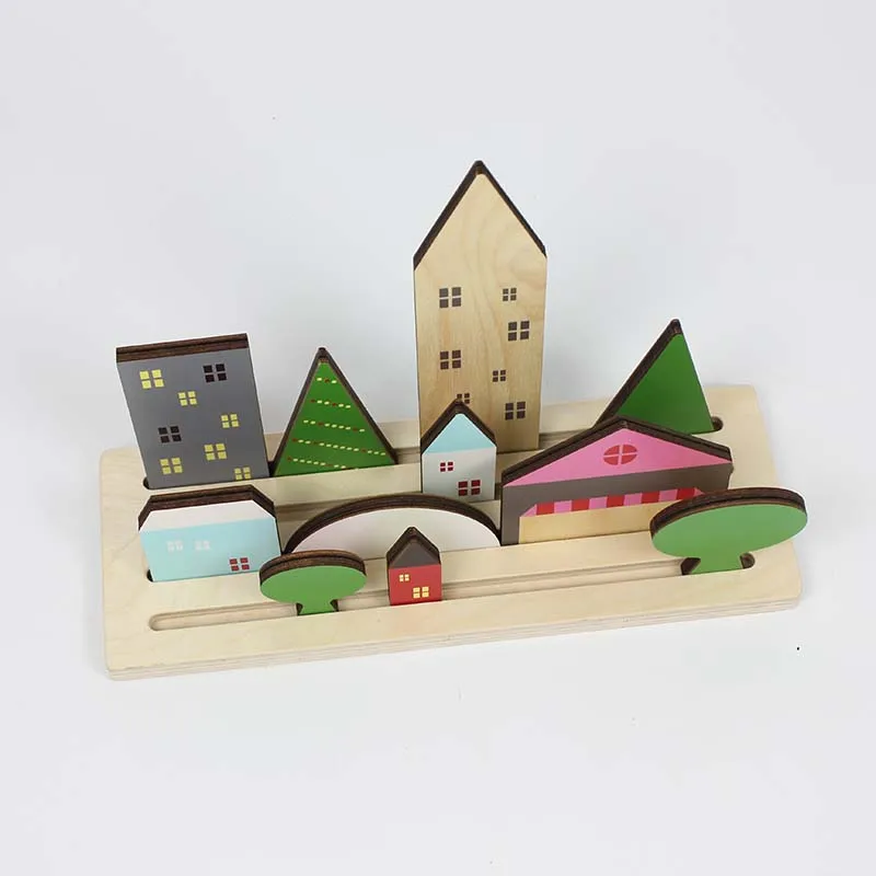 KIU Double Side Different Shapes Wooden Blocks Toys Building Blocks Puzzle Toys Diy Landscape Creative Toys