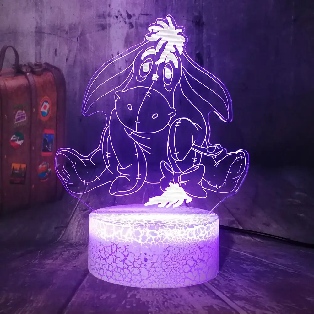 Home Decoration Cartoon Child Gifts Cute Gray Donkey Eeyore Crack Base 7 Colors Change USB Touch Acrylic 3D LED Lamp Night Light