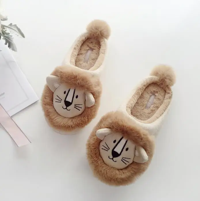 Cartoon warm cute lion indoor home rubber sole non-slip cotton slippers female gift