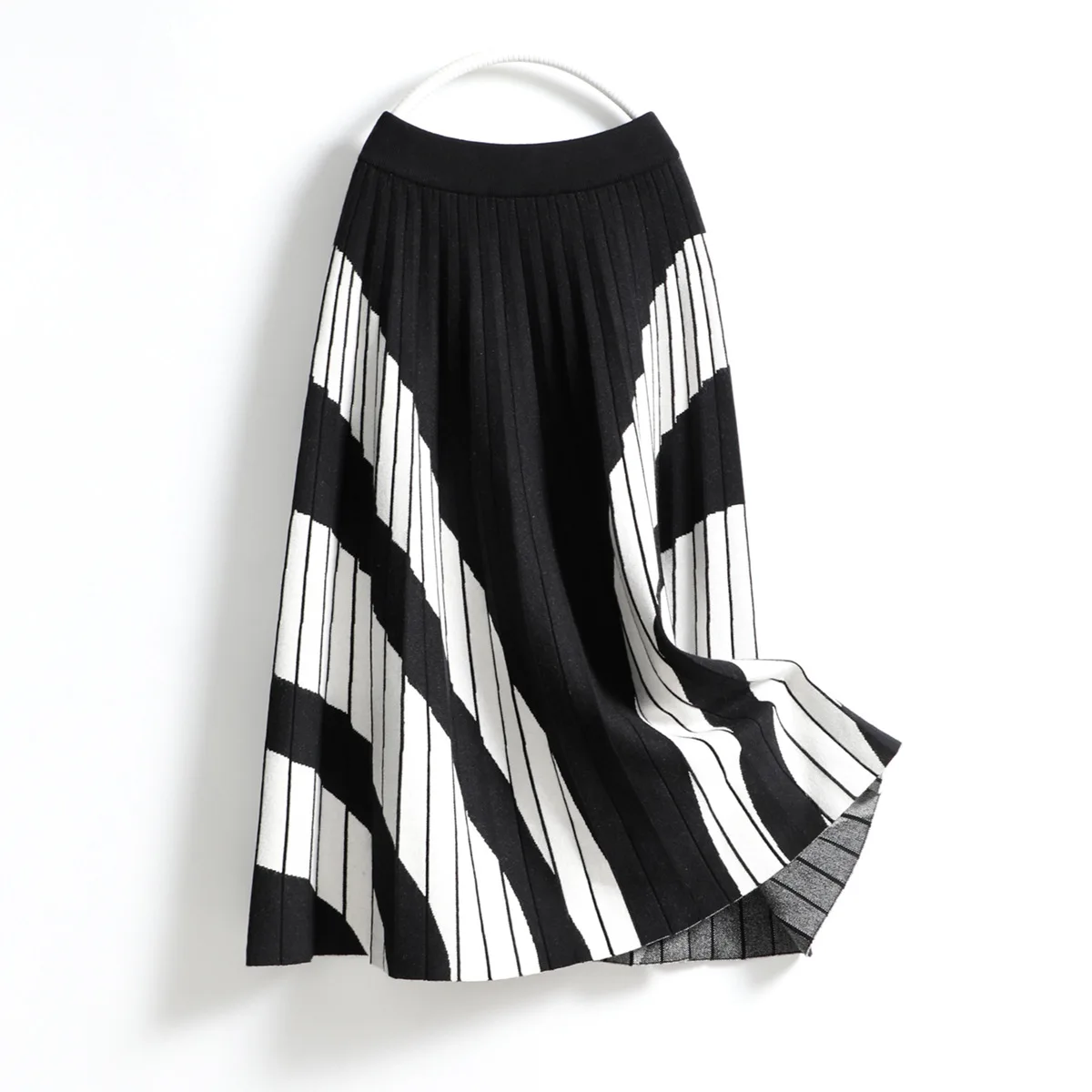 Women Fashion Color Blocking A Line Midi Long Skirt Stretch Waist Pleated Autumn Winter Knitted Pleated Skirt