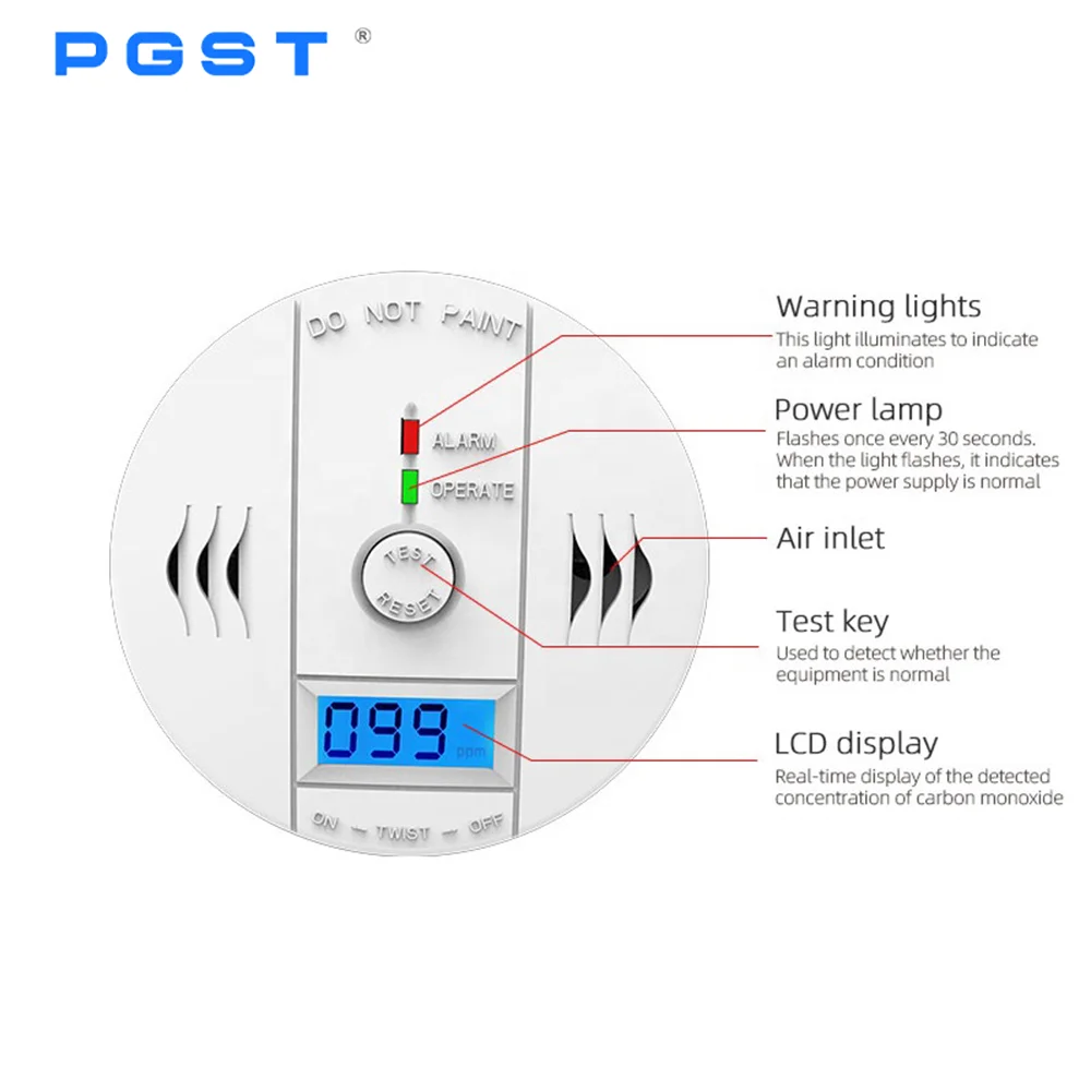 PGST RoHS Carbon Monoxide Detector CE EN50291 CO Detector Alarm Smoke Alarm and Carbon Monoxide Detector