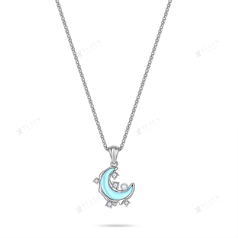 YILUN 925 Sterling Silver Classic Natural Moonstone Necklace Water-Wave Chain Moon and Stars Pendant Necklace Jewelry