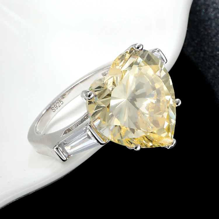 925 Silver Jewelry Love Heart Shape Ring Engagement Wedding Ring Women Yellow Zircon Heart Ring