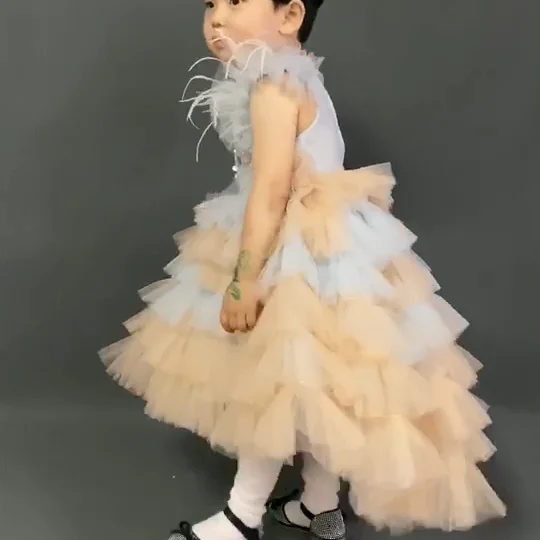 2021 Hot Seller White Feathers Birthday Party Princess Baby Flower Girls Dresses