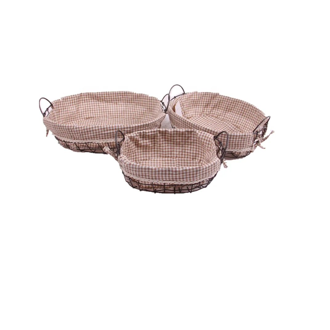 cheap power coated wholesale oval small bread wire baskets fruit basket with fabric liner set of 3