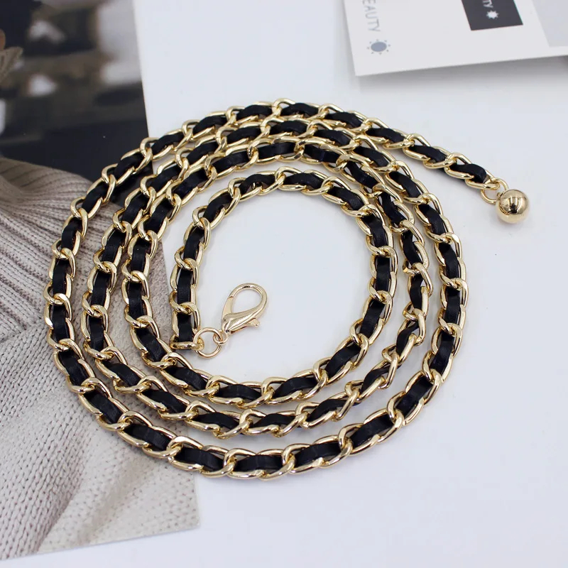 Single Layer Gold Ladies Black PU Dress Waist Chain Belt With Round Bead Heart Flower
