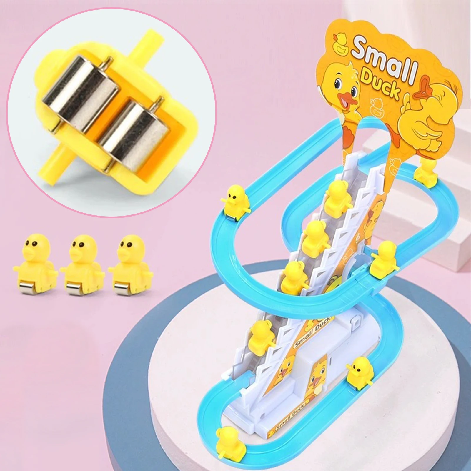 Amazon Hot Selling Duck Climbing Stairs Yellow Rail Car Toys Electric Slide Music Lights Educational Toy Boys and Girls Toys