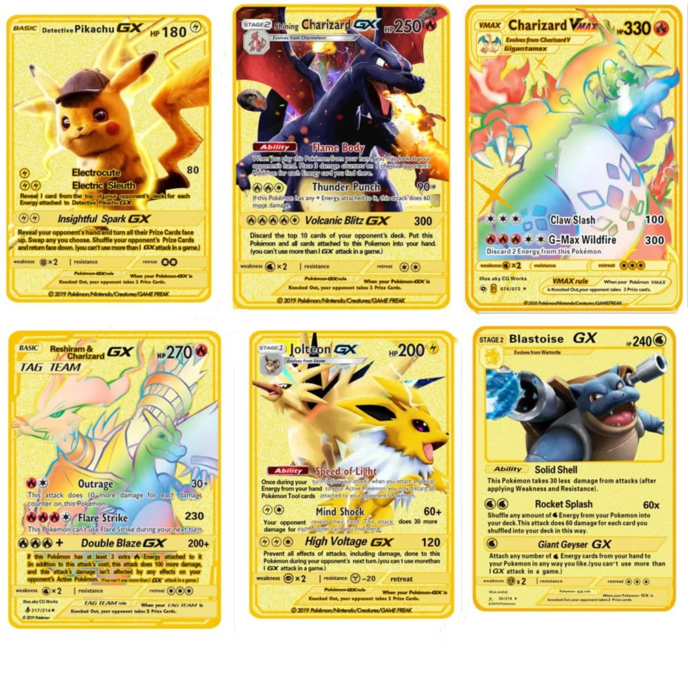 Золотые поддельные карты Pokemon металлическая торговая карта оригинальные игровые первого