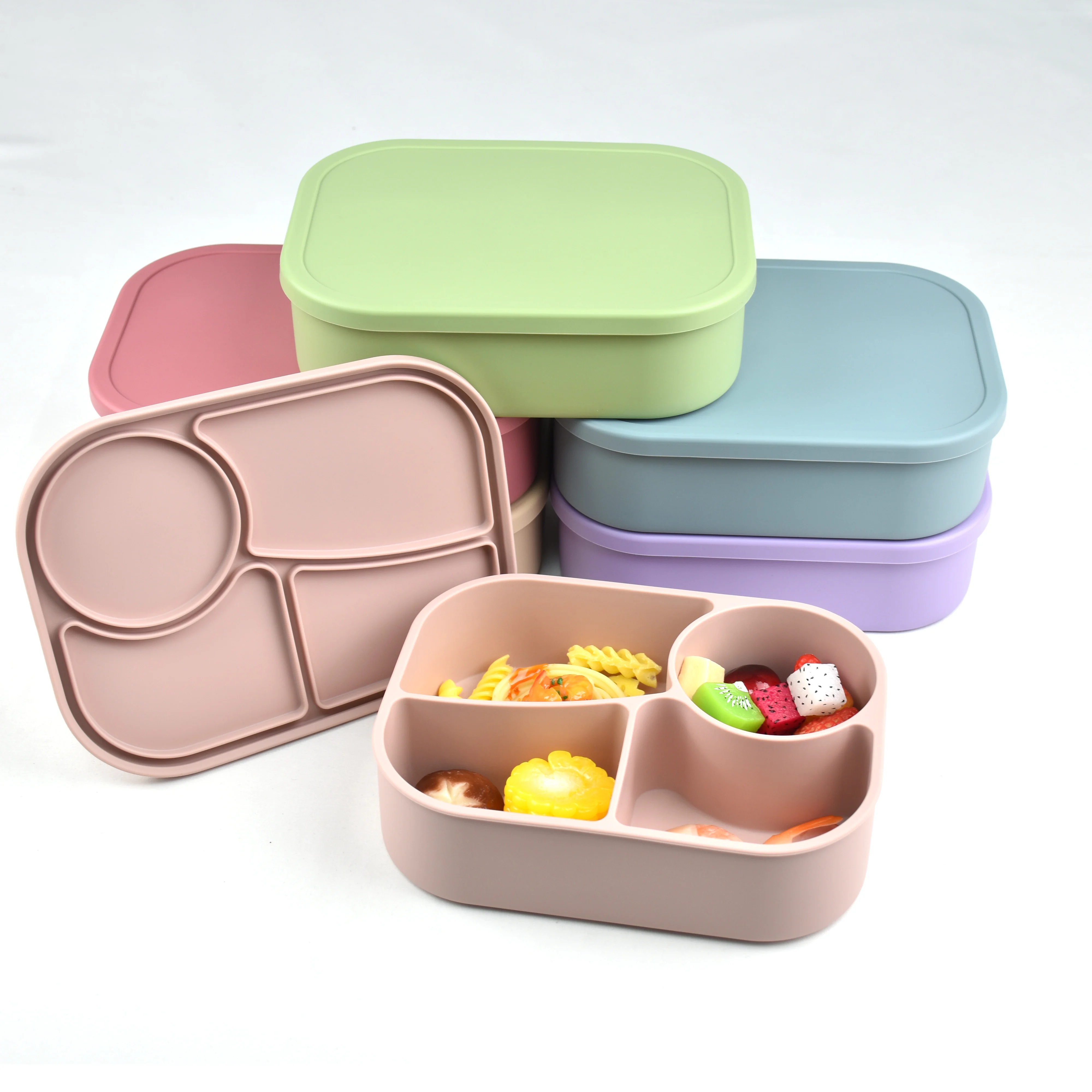 Durable LeakProof Silicone Bento Lunch Boxset 4 Compartment Food Grade Bento Box for Children Microwavable & Heatable