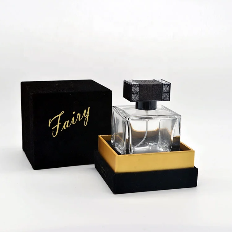 100ml Empty High Quality OEM Special Design Transparent square Glass Perfume Bottle With Velvet Gift Box