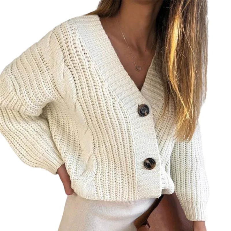 2021 Solid color loose plus size knitwear twist button thick thread cardigan sweater for women