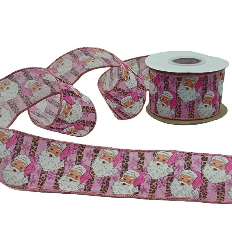 christmas wired ribbon  DIY  celebration carton printing ribbon  door decoration bow ribbon with wired