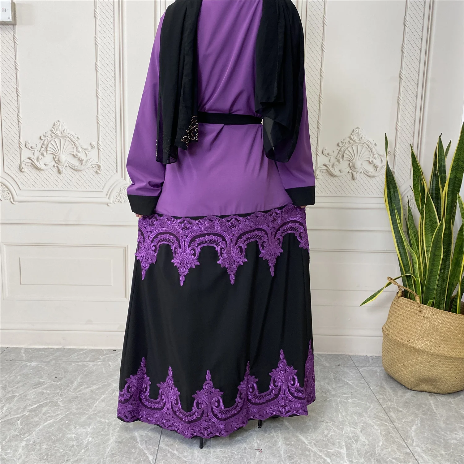Luxury Ramadan Contrast Color Appliques Islamic Clothing Women Muslim Dresses Abaya