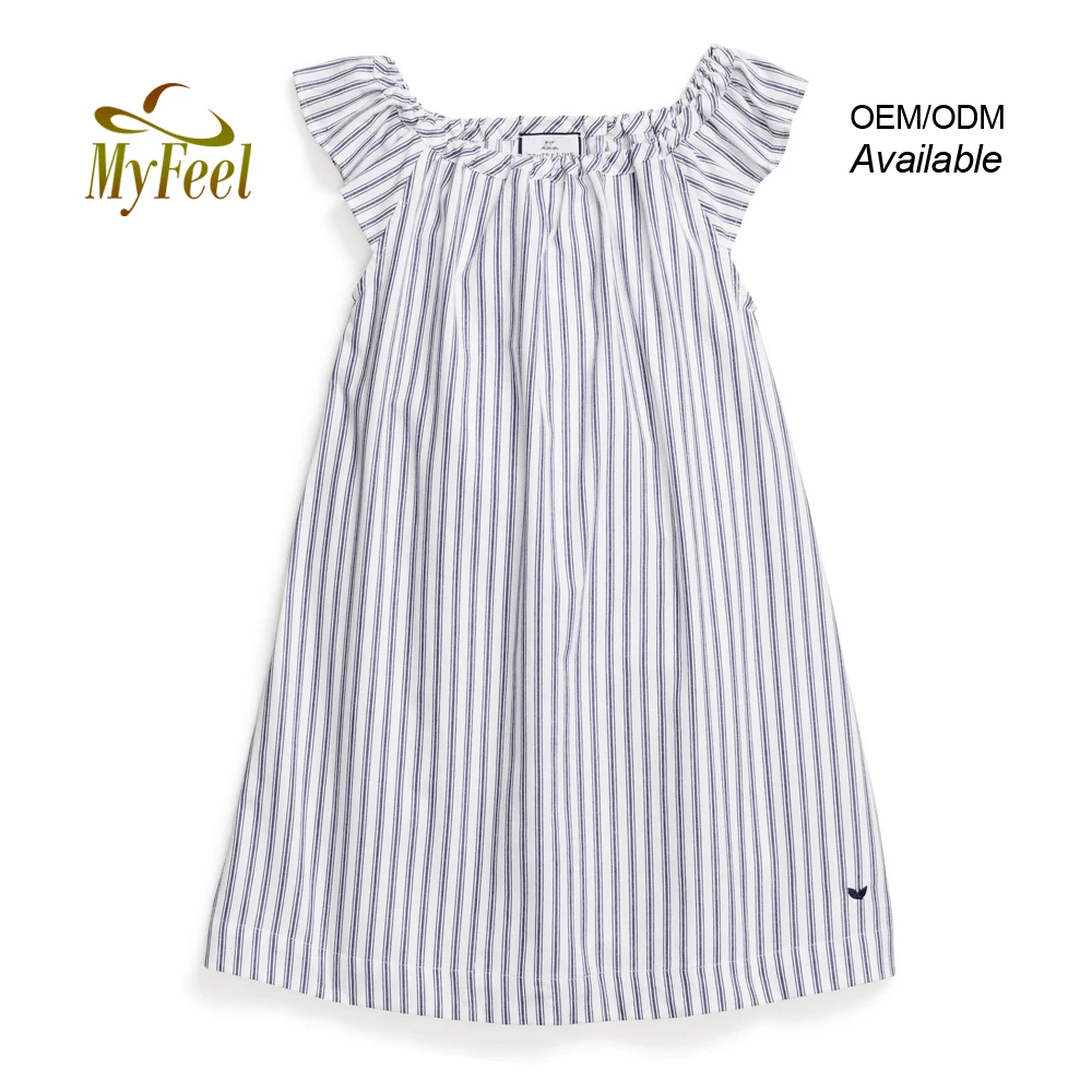 Оптовая продажа, под заказ, детское ночное платье в синюю полоску из 100% хлопка, детское ночное платье для маленьких девочек