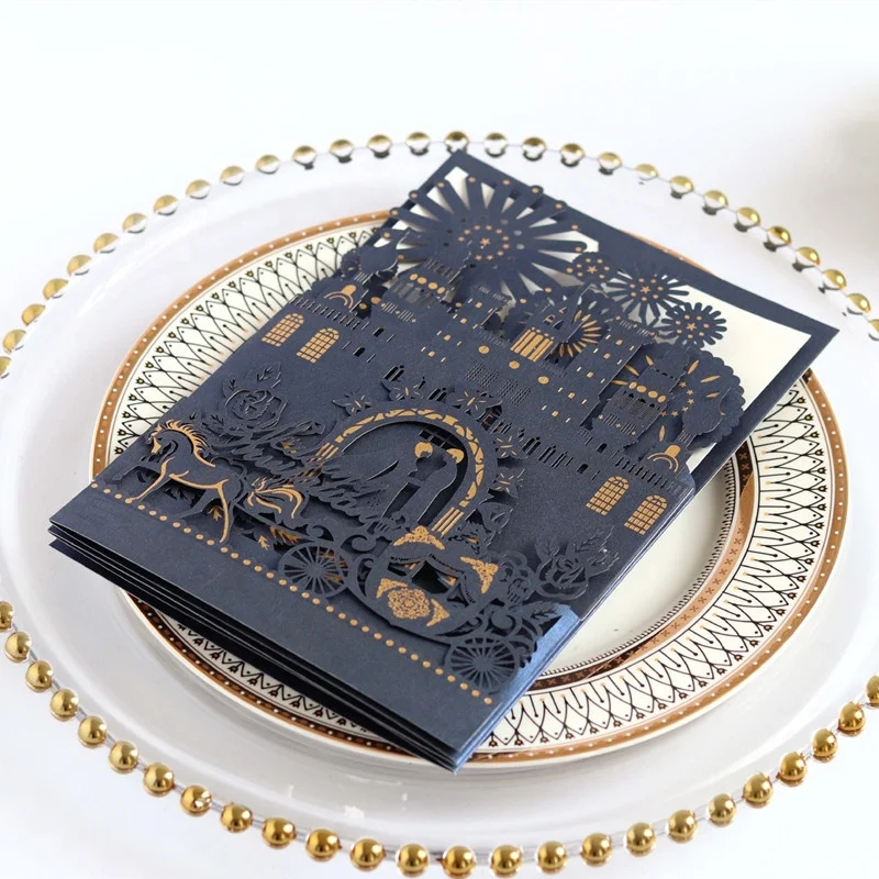 Luxury Greeting Gift Card  with Pumpkin Carriage for Wedding Invitation Card  with 3D Castle