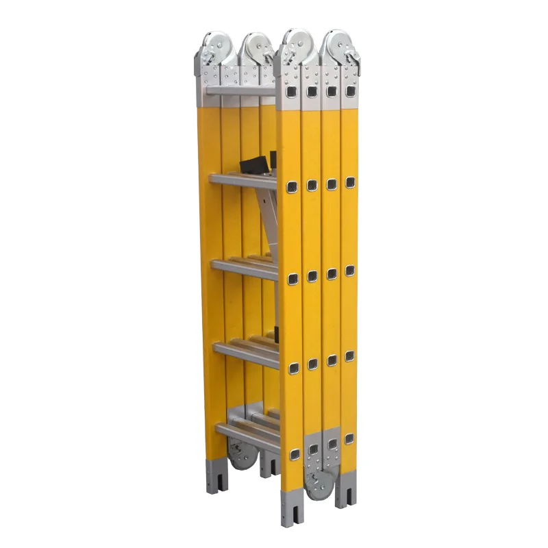 2022 newest 4 x 3 Fiberglass multi function ladder with big  joint folding step ladder multi purpose yellow ladder (1600431290272)