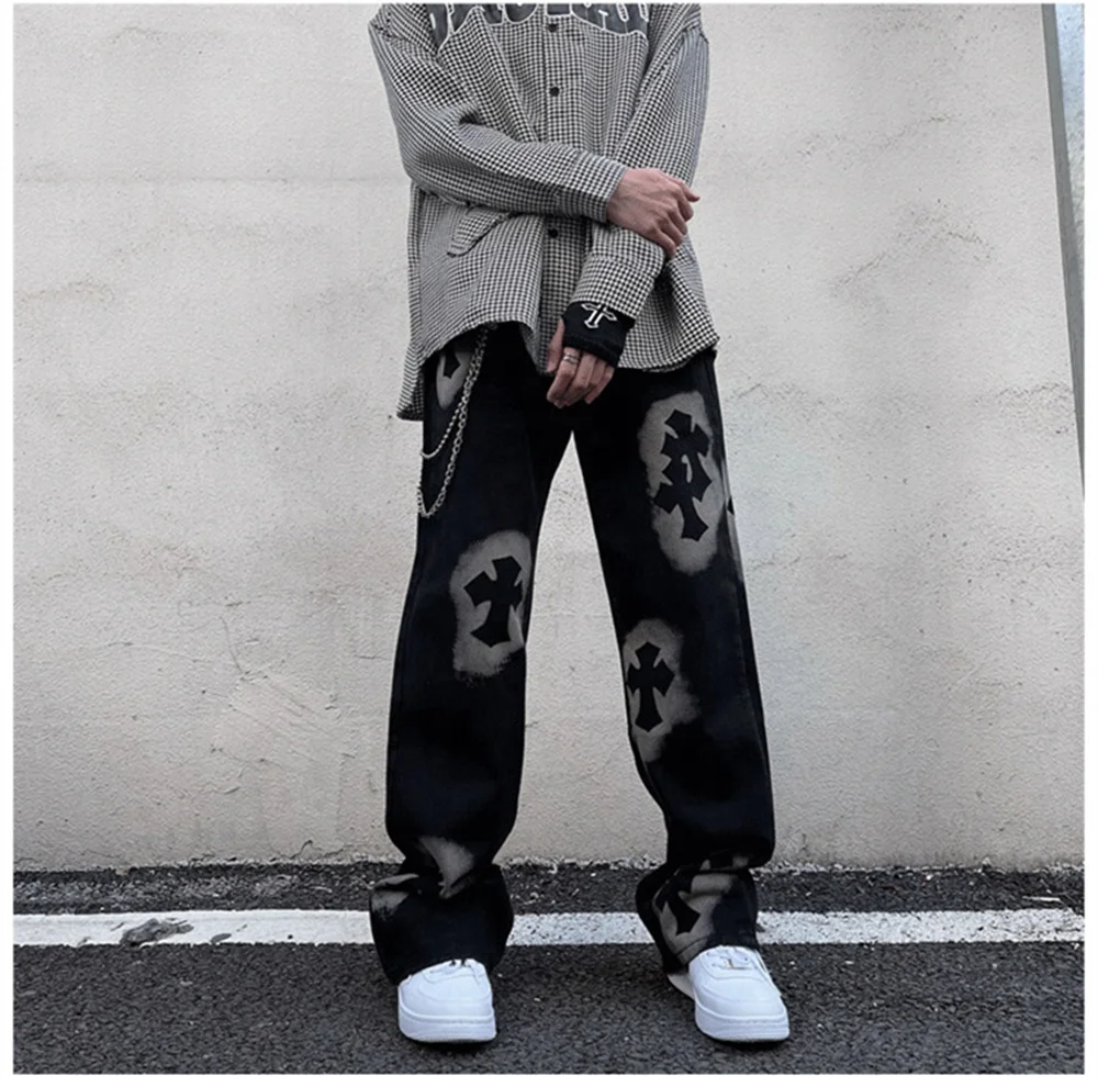 High street brand American cross print jeans loose straight hiphop wide leg pants hiphop trousers