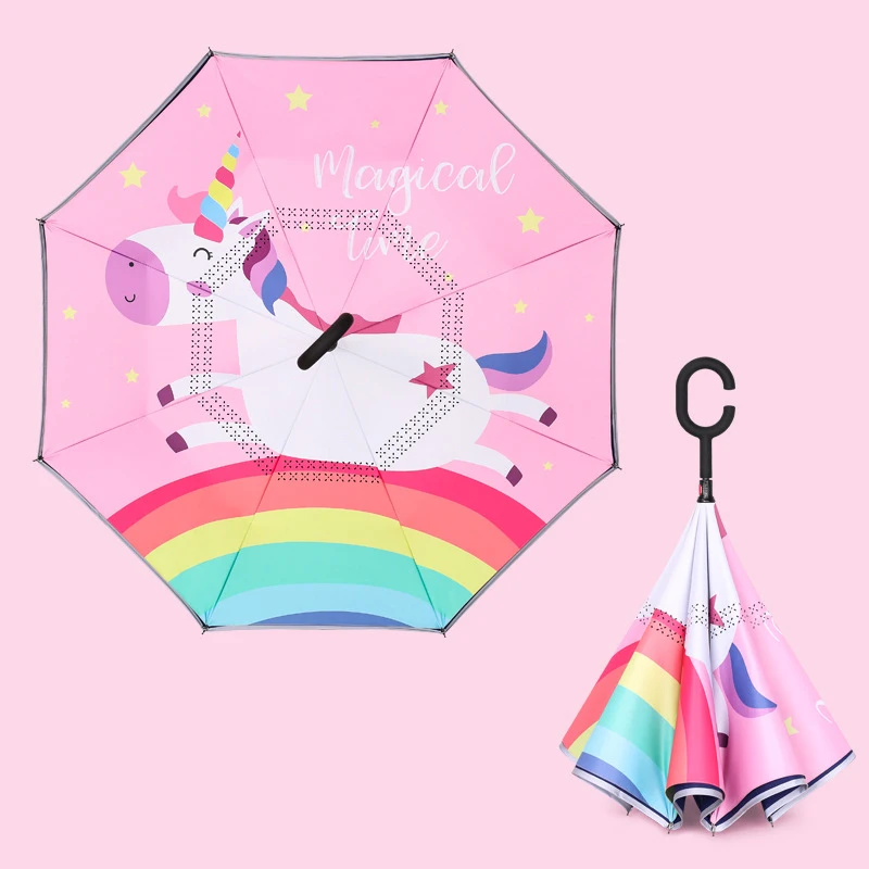 ZD069 Multifunctional Double Layer Inverted Umbrella Cartoon Car Straight Umbrella C Shaped Handle Children Reverse Umbrella