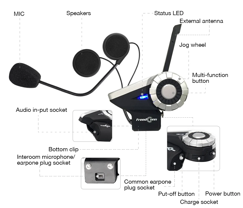 2pcs FreedConn T-Rex 1500M motorcycle communications hard mic helmet interphone intercom with FM Radio