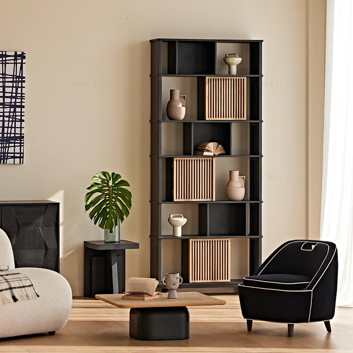 Modern Style Solid Wood Farmhouse Furniture Recycled Wood Black Painted Natural Door Cabinet Shelving Bookshelf for Living Room
