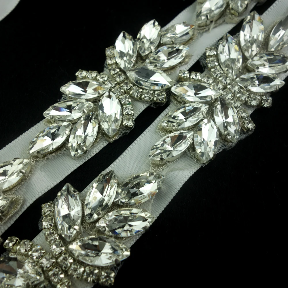 unique leaves design handmade clear crystal ribbon tie-up sash belt wedding dress belt rhinestone sash belt
