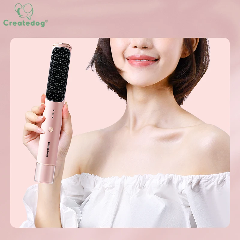 Перезаряжаемый портативный мини-выпрямитель для волос с отрицательными ионами, горячая расческа для волос, выпрямитель для бороды, розовая щетка для волос