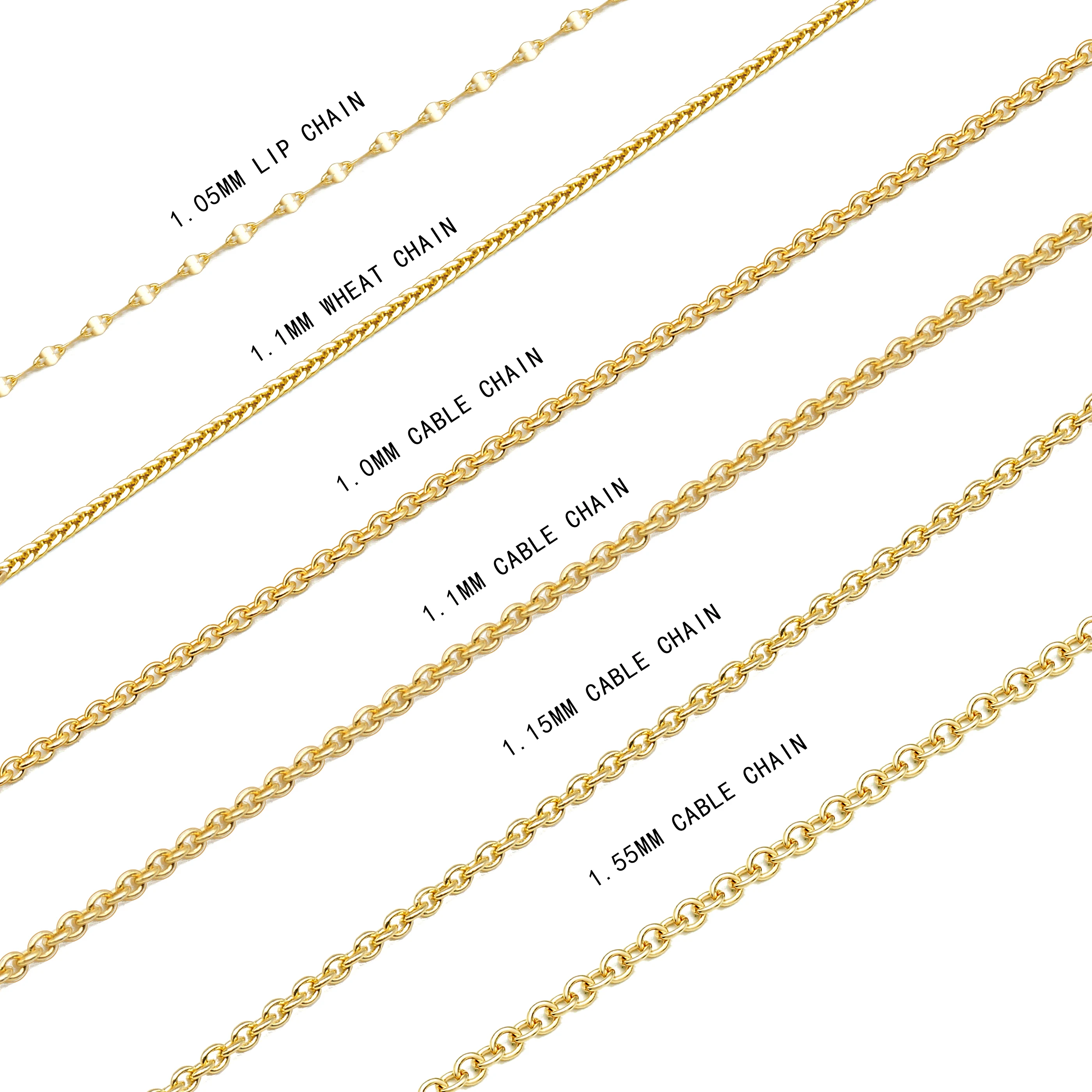 wholesale bulk 14K solid gold rose white yellow AU585 jewel 14k gold chains for necklace wheat cable link curb belcher rolo