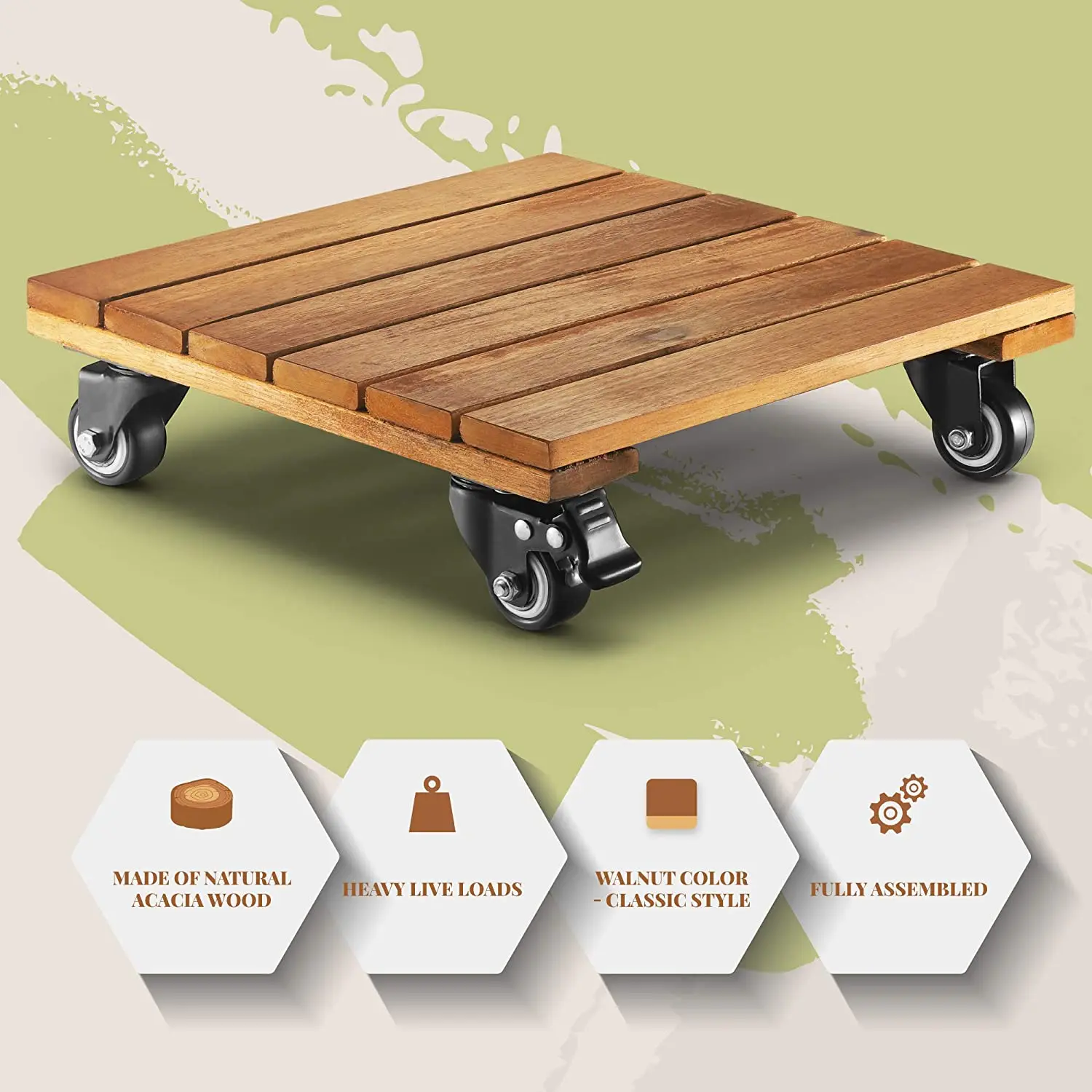 12 inches Square Plant Roller  Wood Plant stand  with 4 Metal Lockable Caster Wheels