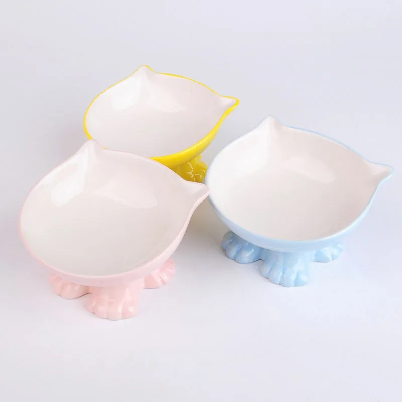 Wholesale Eco Friendly Light Pink High Foot Bevel Elevated Dog Bowl Ceramic Pet Bowl