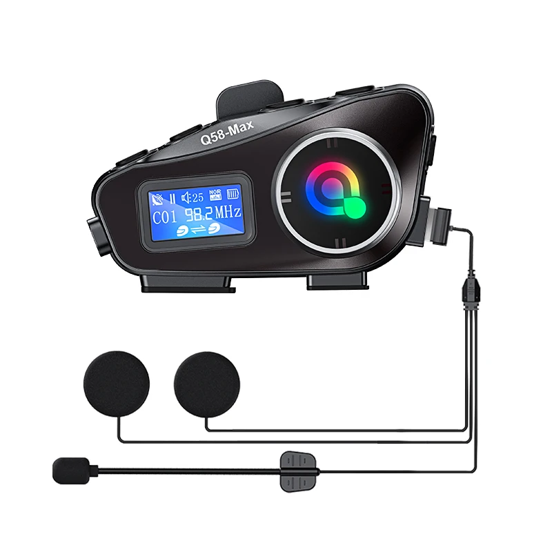 Q58 Max Shenzhen NEW Design 300M Motorcycle Intercom Helmet Headset 2 People communication With FM radio music sharing Lighting